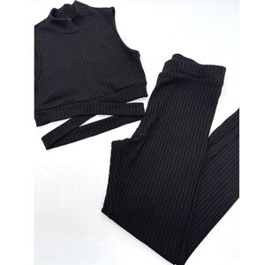 Shein Ribbed Knit Mock Neck Sleeveless Crop Top Leggings Pant Set Outfit Women M